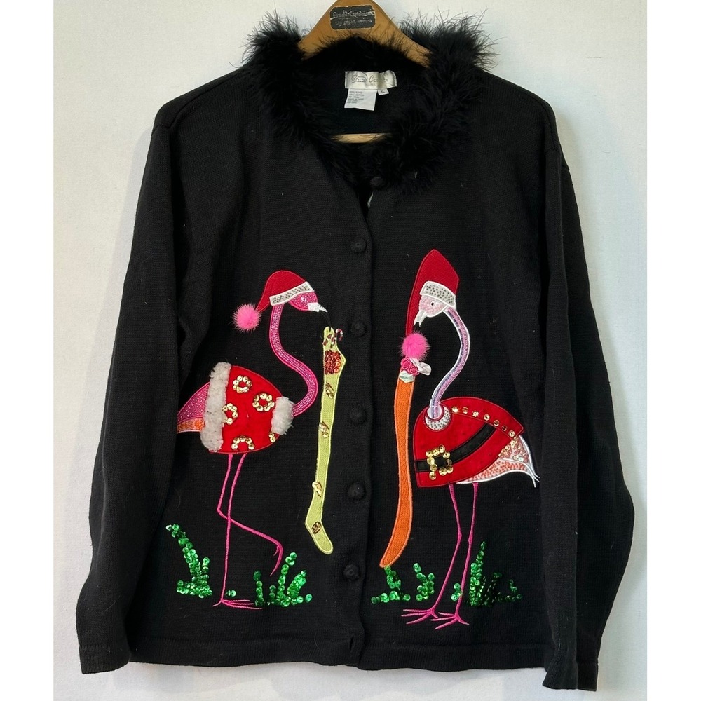 Great Cavalier Cardigan Ugly Christmas Flamingo Women XL Black Excellent